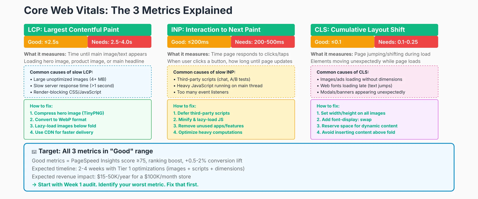 Core Web Vitals Metrics Explained Explainer of the three Core Web Vitals metrics, LCP, INP, and CLS, with good, needs improvement, and poor thresholds for each
